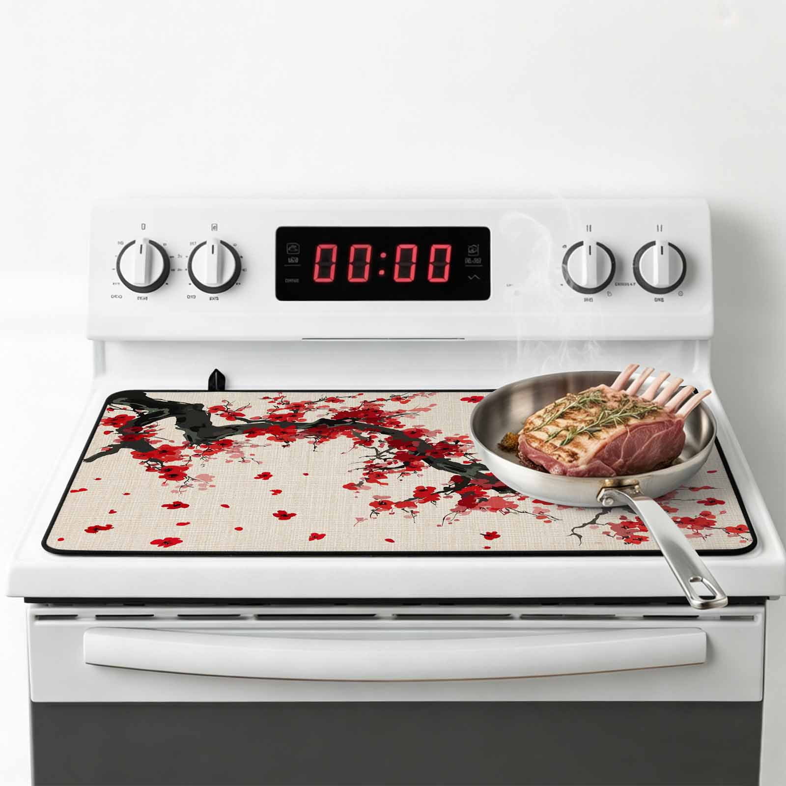 Red Flowers Stove Top Cover for Electric Stove, Heat-proof & Non Slip Glass Top Stove Cover Protector, Vintage Chinese Painting Plum Branches Kitchen Flat Cooktop Rubber Mat 24x21 Inches