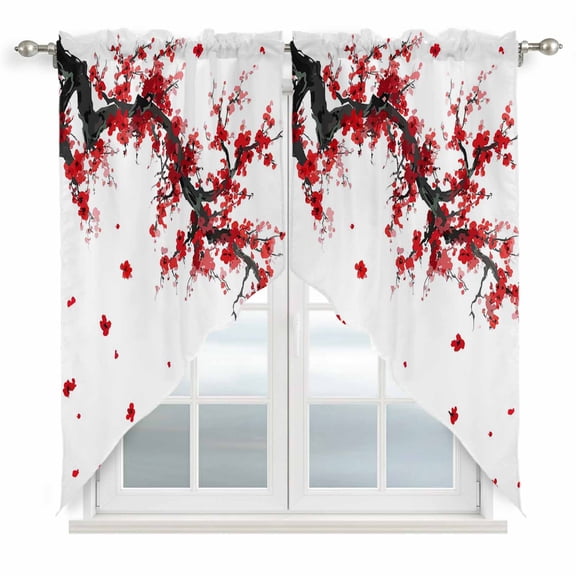 Red Flowers Swag Valances for Windows, Kitchen Window Curtains Over Sink, Chinese Plum Traditional Ink Painting Window Treatment Curtains for Living Room/Bedroom Curtains 2 Panel Sets 36"x45"