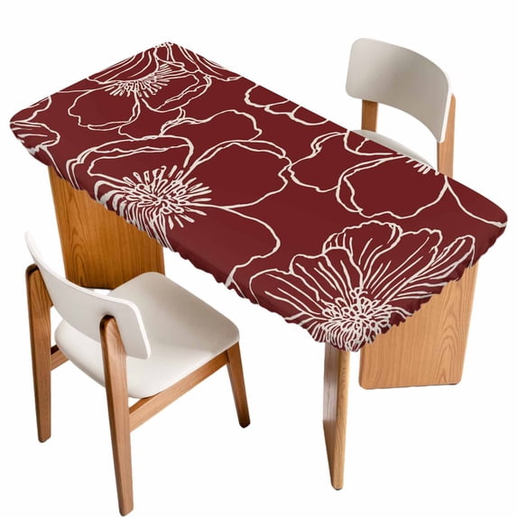 Red Flowers Table Cloths for 3 Foot Rectangle Tables, Spring Floral Botanical Modern Art Patio Waterproof Elastic Fitted Tablecloths, Washable Rectangular Table Cover for Camping