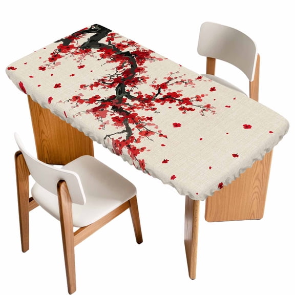 Red Flowers Table Cloths for 3 Foot Rectangle Tables, Vintage Chinese Painting Plum Branches Patio Waterproof Elastic Fitted Tablecloths, Washable Rectangular Table Cover for Camping
