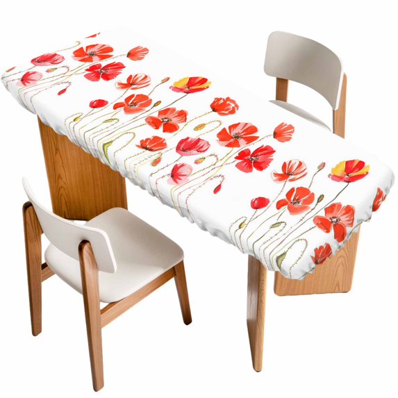 Red Flowers Table Cloths for 8 Foot Rectangle Tables, Watercolor Spring Country Botanical Floral Patio Waterproof Elastic Fitted Tablecloths, Washable Rectangular Table Cover for Camping