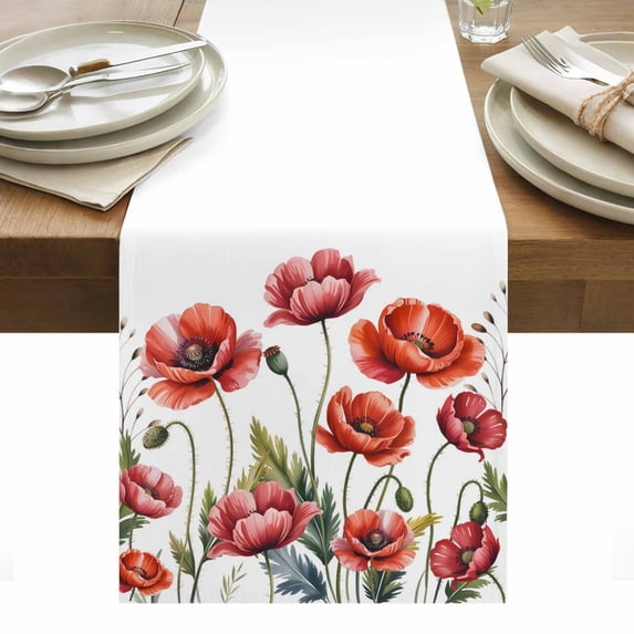 Red Flowers Table Runner - 60 Inch Long, Kitchen Dining Table Runner Dresser Scarves, Watercolor Botanical Floral Herbs Leaves Farmhouse Decor for Coffee Tables Wedding Party Banquet