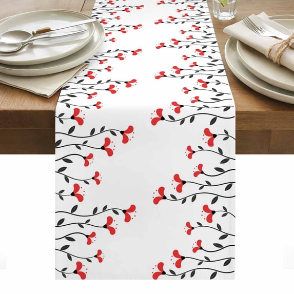Red Flowers Table Runner - 90 Inch Long, Kitchen Dining Table Runner Dresser Scarves, Modern Minimalism Spring Botanical Floral Farmhouse Decor for Coffee Tables Wedding Party Banquet