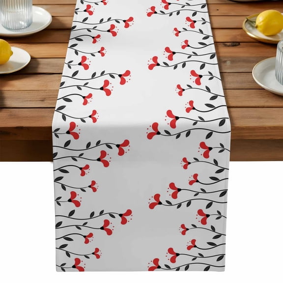 Red Flowers Table Runner, Abstract Spring Autumn Simple Red Floral Black Leaves Washable Kitchen Table Runners Dress Scarves for Dining Table Decorations Party, 13x36in