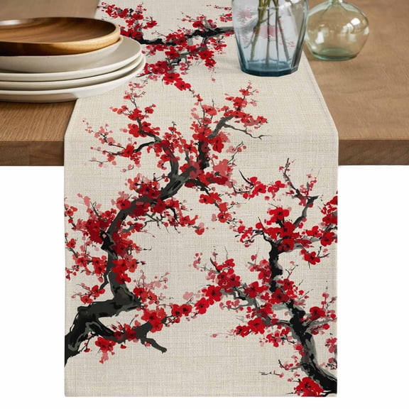 Red Flowers Table Runner, Chinese Plum Blossoms Traditional Ink Painting Washable Cotton Linen Table Runners 36 Inches Long, Dresser Scarf Runner for Nightstand/End Tables/Round Tables 13''x36''