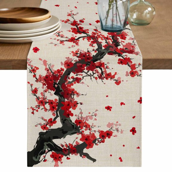 Red Flowers Table Runner, Vintage Chinese Painting Plum Branches Washable Cotton Linen Table Runners 48 Inches Long, Dresser Scarf Runner for Nightstand/Coffee/End Tables 13''x48''