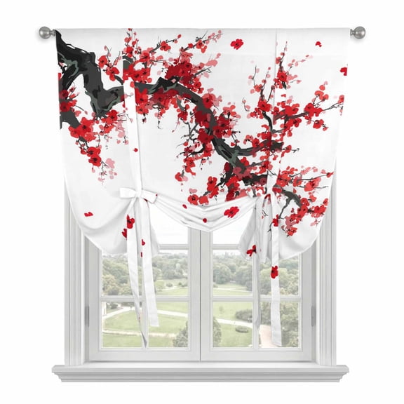 Red Flowers Tie Up Curtains 45 Inches Long, Kitchen Window Curtains Over Sink, Chinese Plum Traditional Ink Painting Small Window Curtains Shade Balloon Curtains Valances for Bedroom/Cafe 34"x45"