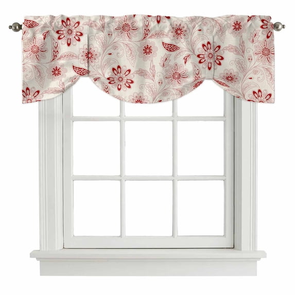 Red Flowers Tie Up Valance Curtains for Windows, Kitchen Curtains Window Treatments, Retro Botanical Pastoral Leaved Farm Short Window Shades Valances for Bedroom Bathroom Cafe 42"x12"
