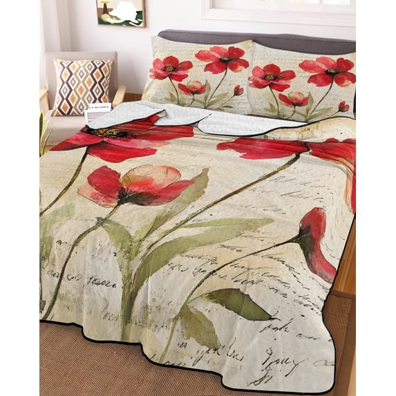 Red Flowers Twin Size Down Alternative Comforter, Lightweight Comforter Quilt Bedding Set with Pillow Shams Retro Farmhouse Botanical Floral Painting All Seasons Bed Comforter Duvet Insert 68"x86"