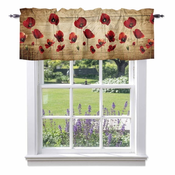 Red Flowers Valance Curtain for Windows Vintage Red Floral Brown Wood Grain Rod Pocket Curtain Valances Short Window Treatments Panels for Kitchen Bathroom Laundry Room Basement 60 x 14 Inch