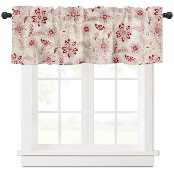 Red Flowers Valances for Windows Farmhouse Kitchen Curtains Valances Rod Pocket Valance Curtains for Kitchen Windows Retro Botanical Pastoral Leaved Farm Window Valances for Bathroom Bedroom 54"x18"