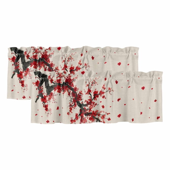 Red Flowers Valances for Windows, Vintage Chinese Painting Plum Branches Light Filtering Kitchen Curtains, Rod Pocket Window Valance Curtains for Living Room Bedroom, 54" W x 18" L, 2 Panels