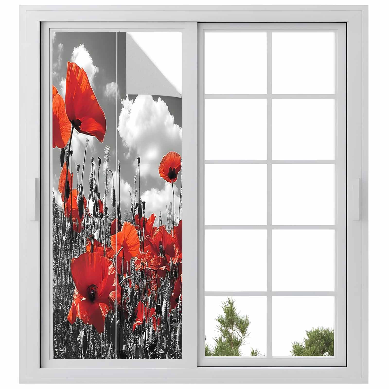 Red Flowers Window Privacy Film, Retro Black White Leaf Red Floral Frosted Glass Window Clings Static Cling UV Heat Blocking Reusable Door Sticker for Bathroom 23.6 x 59 Inch