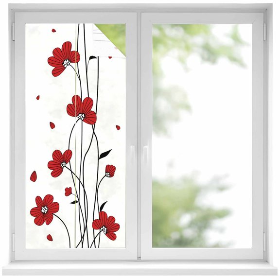 Red Flowers Window Privacy Film, Spring Floral Petals Scratching Edges Simple Frosted Glass Window Clings Static Cling UV Heat Blocking Reusable Door Sticker for Bathroom 17.7 x 39.3 Inch