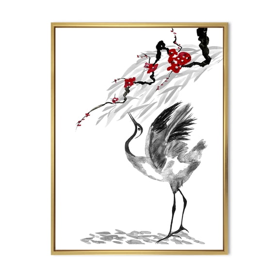 Red Flowers With Japanese Cranes Bird Drawing 12 in x 20 in Framed Painting Canvas Art Print, by Designart