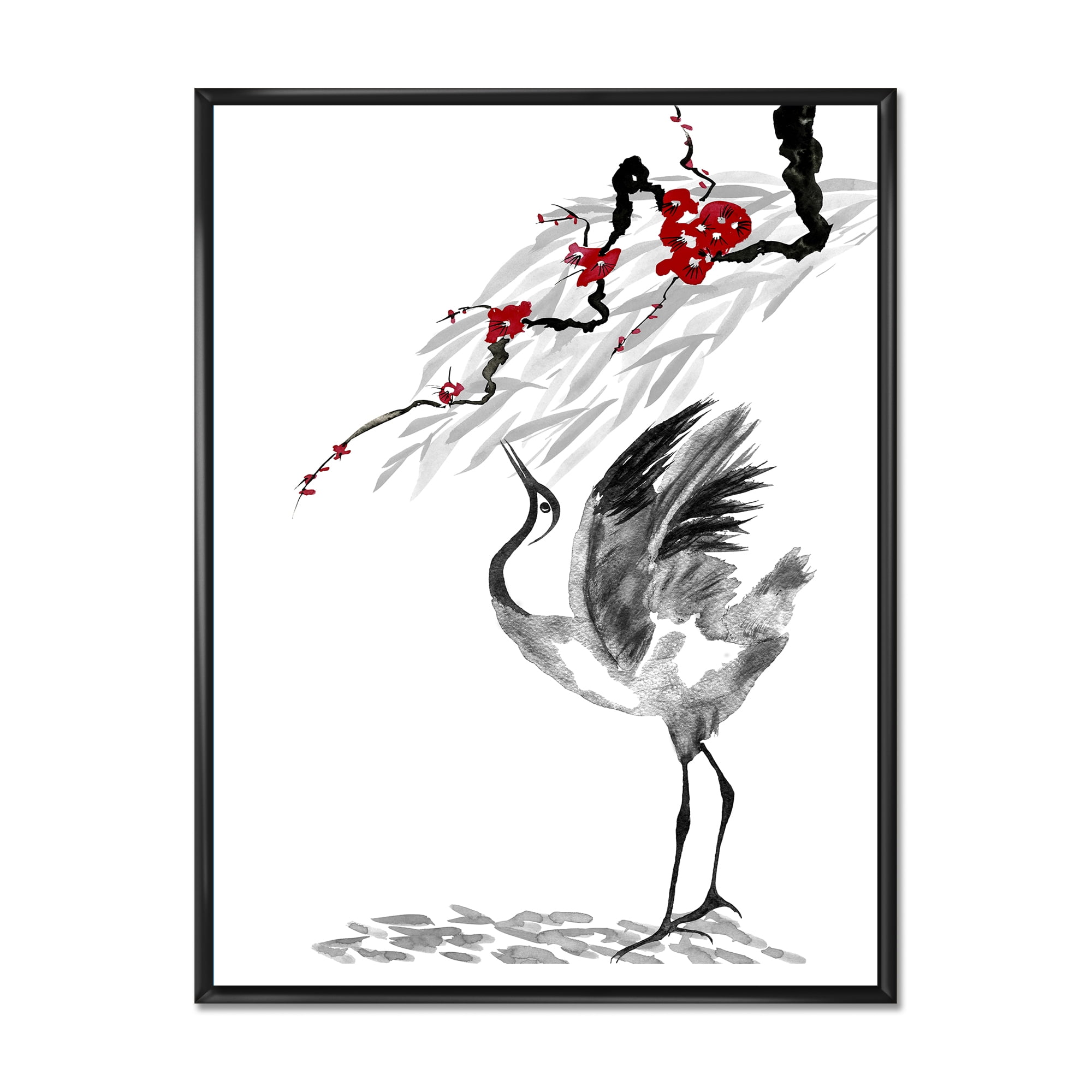 Red Flowers With Japanese Cranes Bird Drawing 30 in x 40 in Framed Painting Canvas Art Print, by Designart