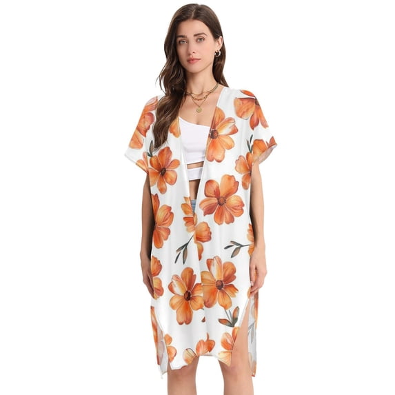 Red Flowers Women Swimsuit Cover up V Neck Beach Dress Short Sleeve Vacation Outfits Swimwear