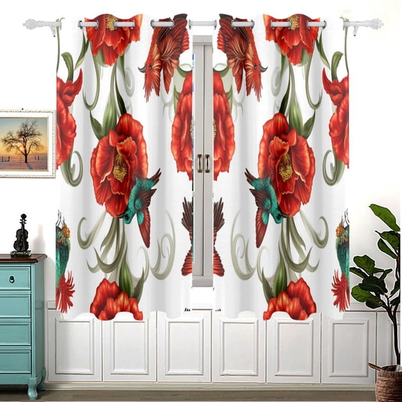 Red Flowers and Birds 63x55in Window Curtain Panels 63x55in 2-Piece Heavy Duty 80% Light Blocking