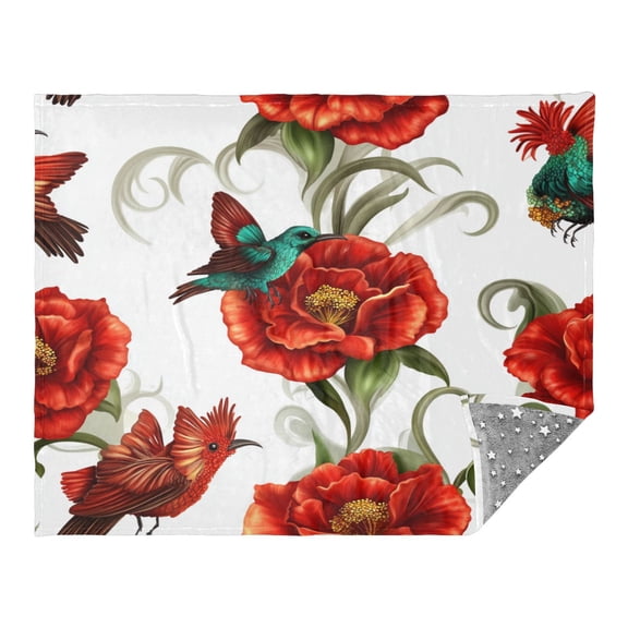 Red Flowers and Birds Camping Blankets Bed Throws and Cozy Travel Blanket Fluorescence 70x55in Double Sided