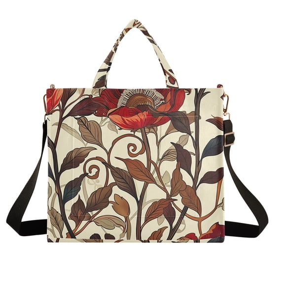 Red Flowers and Leaves Corduroy Tote Bag Handbag Large Messenger Bag Shoulder Crossbody Zipper Bag Purse