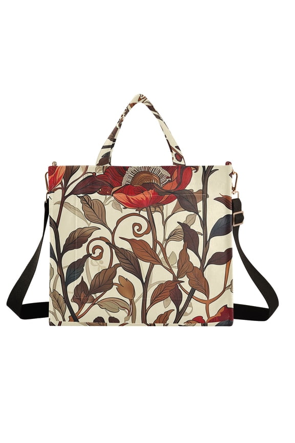 Red Flowers and Leaves Corduroy Tote Bag Handbag Large Messenger Bag Shoulder Crossbody Zipper Bag Purse