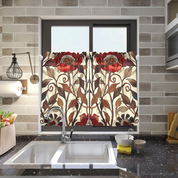 Red Flowers and Leaves Kitchen Curtains Half Tier Curtain 2 Rod Pockets Bathroom Bedroom Cupborad Living Room 27"x24"