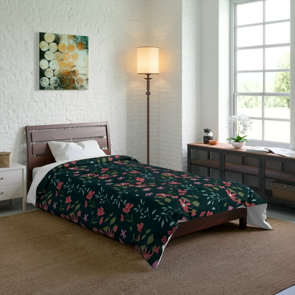 Red Flowers and Vines Floral Design Comforter