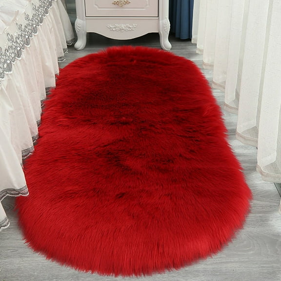 Red Fluffy Area Rugs Oval 2 x 4ft Soft Shaggy Faux Fur Sheepskin Rug Plush Fluffy Carpet for Bedroom Bedside Living Room Nursery