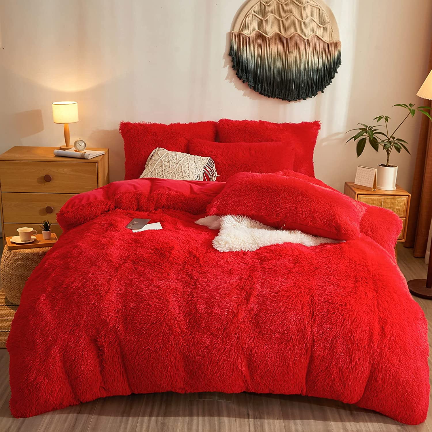 Red Fluffy Comforter Set Shaggy Plush, Ultra Soft Faux Fur, Queen