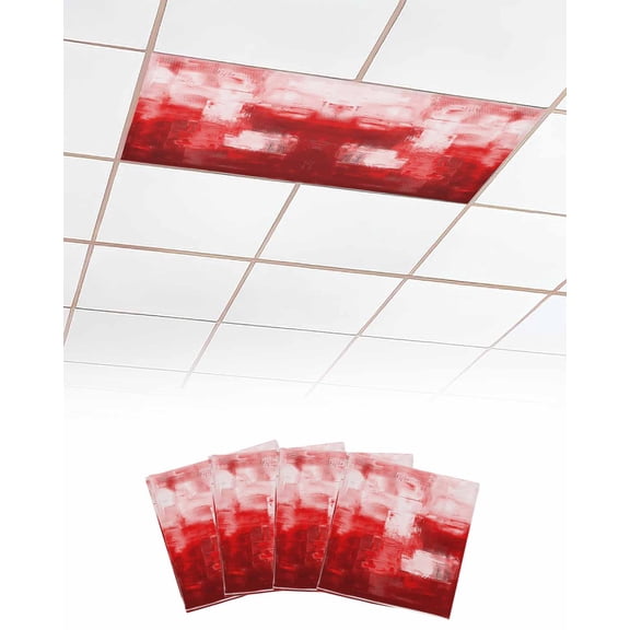 Red Fluorescent Light Covers for Ceiling Lights 4x2 feet,4 Pack Magnetic Light Filters for Classroom,Modern White Oil Painting Art Abstract Fluorescent Light Shade Panel for Office School Drop Home