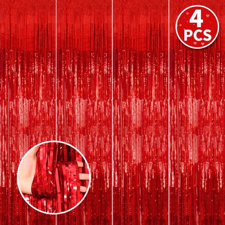 Red Foil Fringe Curtains Valentine Party Decoration Metallic Tinsel Banner Streamers Party Photo Backdrop for Wedding Gender Reveals Anniversary Party Supplies 4Pcs