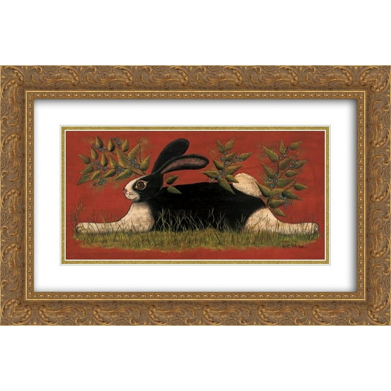 Red Folk Bunny 2x Matted 20x12 Black Ornate Framed Art Print by