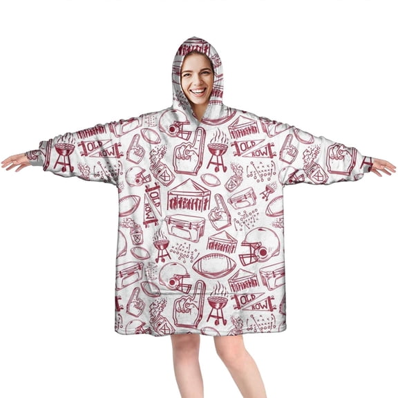 Red Football Event Elements Pattern Wearable Oversized Blanket,Wearable Blanket Hoodie for Adults,Cozy Hooded Blankets with Super Pockets,Super Warm Fuzzy Pullover for Women & Men