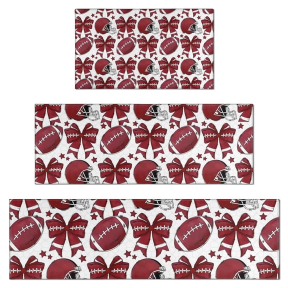 Red Football Helmets with Bows Pattern Kitchen Rugs Sets Of 3,Kitchen Runner Rugs Non Skid Washable,Decorative Kitchen Floor Mats for Kitchen,Sink,Laundry,17"x30"+ 17"x47" + 17"x59"