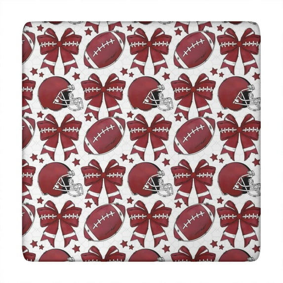 Red Football Helmets with Bows Pattern Square Fitted Tablecloth with Elastic Edge,Square Table Cover,Washable Elastic Table Cover for Home Kitchen Party Decor 34"x34"
