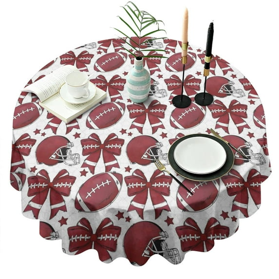 Red Football Helmets with Bows Pattern Round Tablecloth 60"x60",Wrinkle Wipeable Table Cloth for Kitchen Dining Room Picnic Patio Party