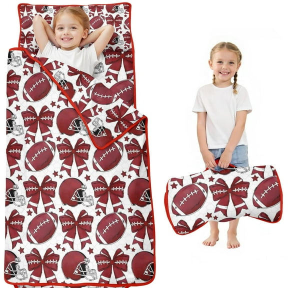 Red Football Helmets with Bows Pattern Toddler Nap Mats for Kids Preschool,Sleeping Mat Bag or Kids,Toddler Sleeping Bag,Toddler Nap Mat or Daycare