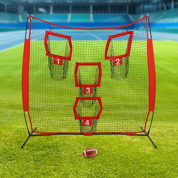 Red Football Target Net, 7*7ft Football Trainer Throwing Net, Football Training Net with 4 Target Pockets