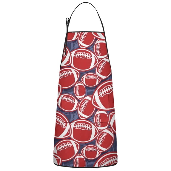 Red Footballs on Blue Pattern Apron-Garden Aprons for Women with Pockets-Cotton Linen Waterproof Kitchen Cooking Gardening Aprons Adjustable for Kitchen,Cooking,BBQ and Salon 33x27 Inch