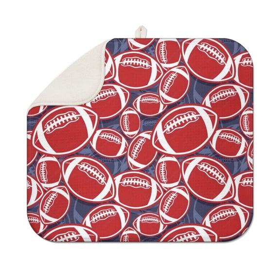 Red Footballs on Blue Pattern Dish Drying Mat for Kitchen 1 Pack, Ultra Absorbent Microfiber Dishes Drainer Mats,16"x18"