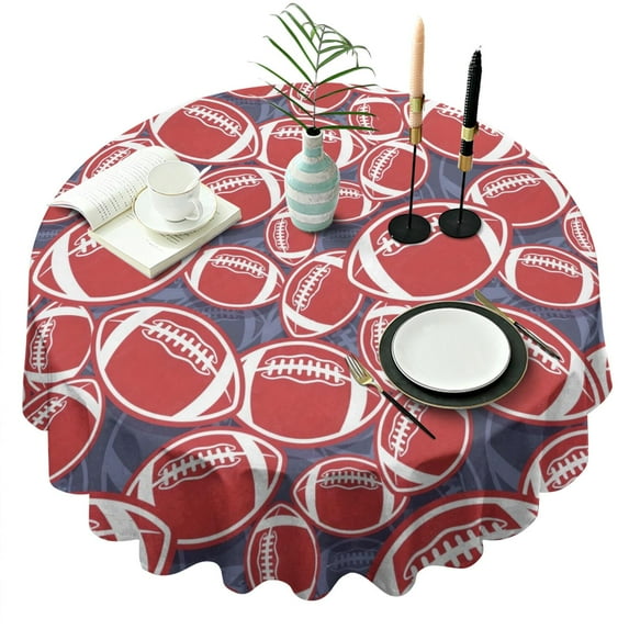 Red Footballs on Blue Pattern Round Tablecloth 60"x60",Wrinkle Wipeable Table Cloth for Kitchen Dining Room Picnic Patio Party
