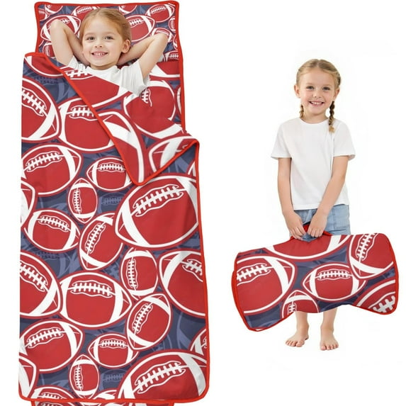 Red Footballs on Blue Pattern Toddler Nap Mats for Kids Preschool,Sleeping Mat Bag or Kids,Toddler Sleeping Bag,Toddler Nap Mat or Daycare