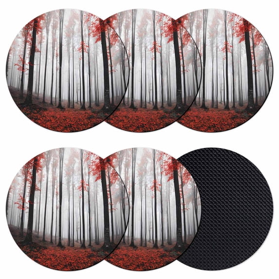 Red Forest Coasters Set of 6, Absorbent Coasters for Drinks, Vintage Foggy Woods Tree Mysterious Coaster for Desk Coffee Table Protection, Home Decor House Warming Gifts 4"