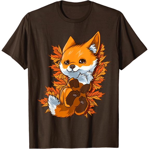 Red Forest Fox Baby Animal Autumn Fall Leaves Unisex T-Shirt for Men Women Kids,Dark Chocolate Color,Size YXL