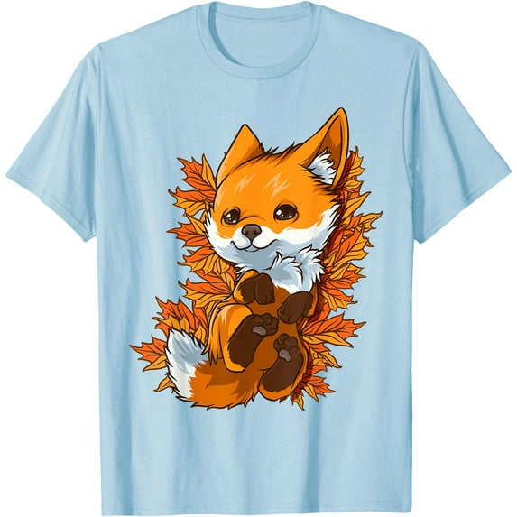 Red Forest Fox Baby Animal Autumn Fall Leaves Unisex T-Shirt for Men Women Kids,Light Blue Color,Size 4T