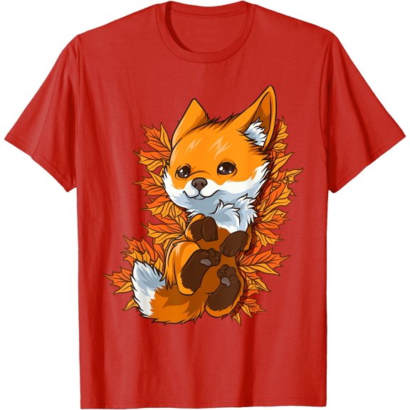 Red Forest Fox Baby Animal Autumn Fall Leaves Unisex T-Shirt for Men Women Kids,Red Color,Size 3T