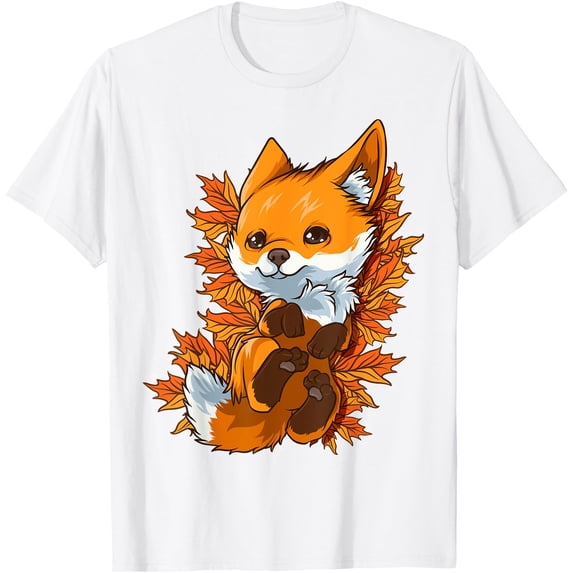 Red Forest Fox Baby Animal Autumn Fall Leaves Unisex T-Shirt for Men Women Kids,White Color,Size 4XL