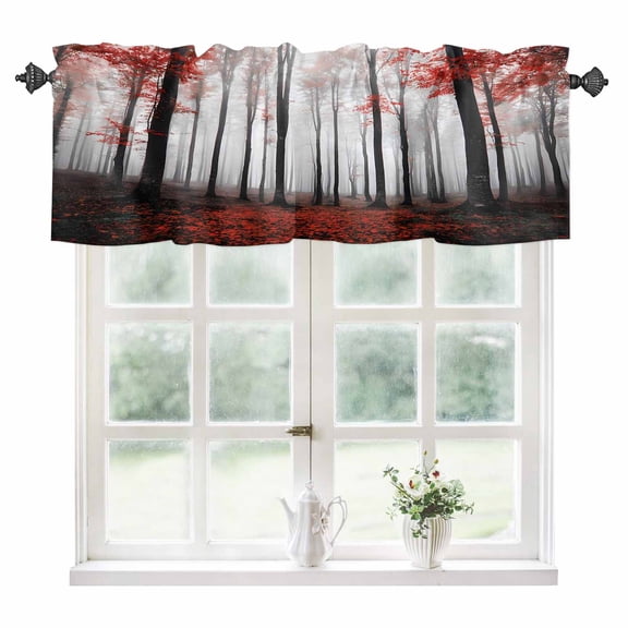 Red Forest Kitchen Valances for Windows 54x18 Inch Kitchen Curtains Valances Rod Pocket Vintage Foggy Woods Tree Mysterious Bathroom Window Valances for Window Treatment Decor