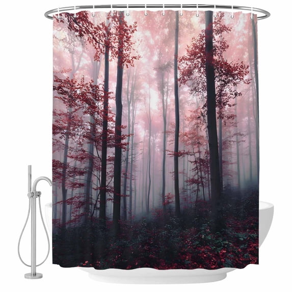 Red Forest Shower Curtain, Waterproof Shower Curtains for Bathroom, Mysterious Vintage Foggy Woods Tree Washable Fabric Bathtub Curtain Set Bath Decor with 12 Hooks 48"x72"