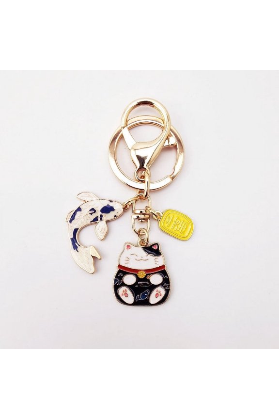 Red Fortune Cat Keychain Car Charm Metal Lucky Charm Gift Bag Ornament Chinese Style Key Ring Durable Finish 2